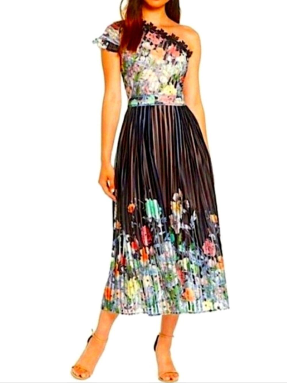 Foxiedox Flora One Shoulder Midi Dress Floral Striped Black Size 8